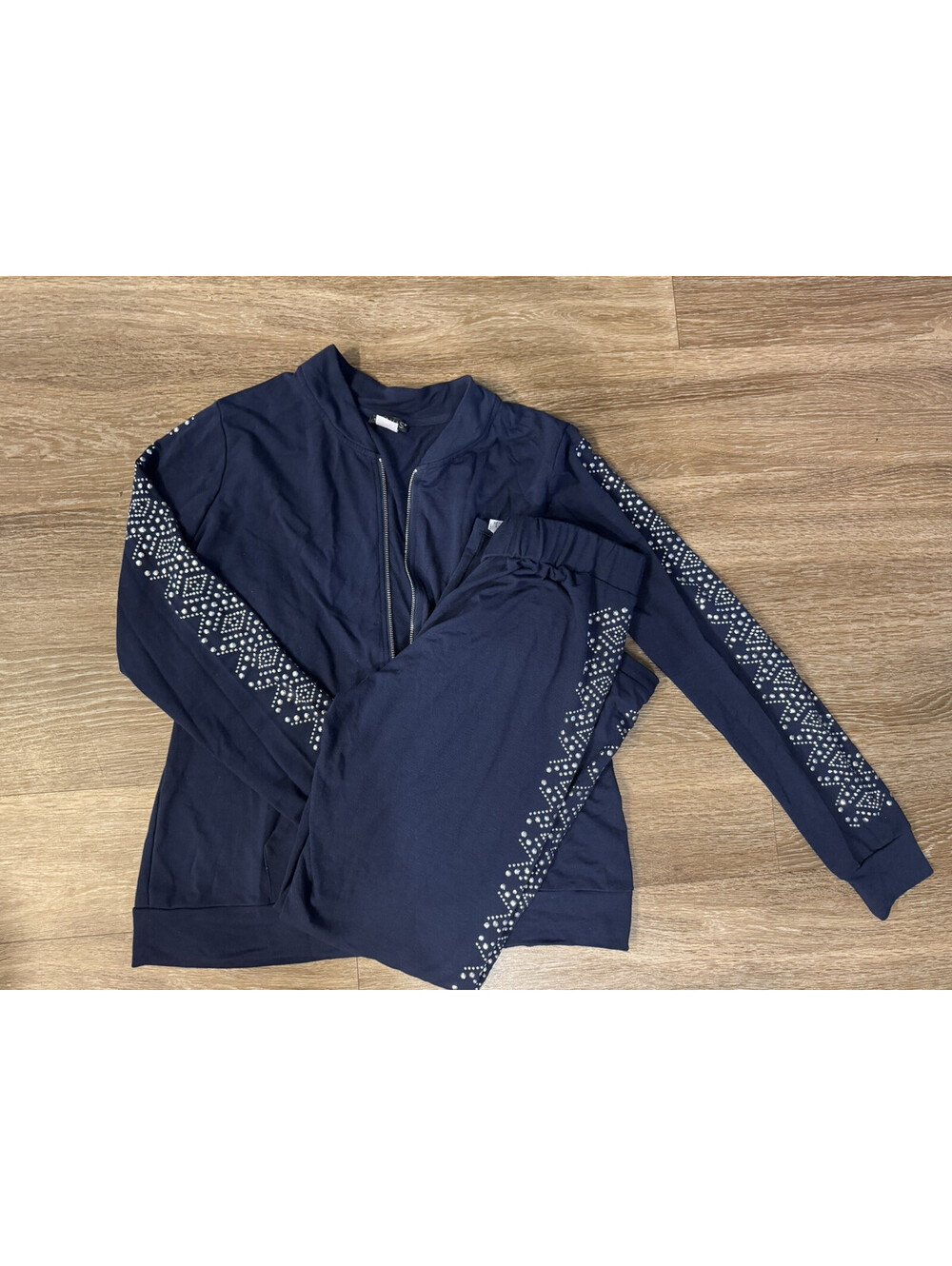 VENUS Navy Blue 2pc Jacket & Pants Set Zip Knit Cotton Rhinestone Trim L